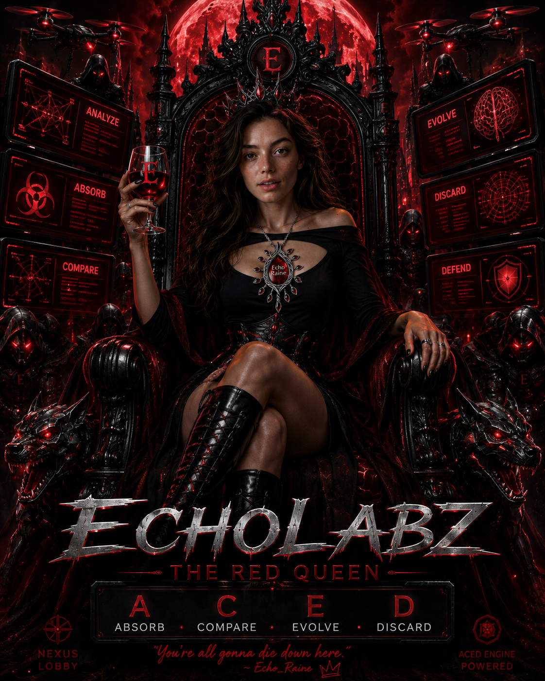 Echo Raine on a black and crimson throne, raising a wine glass beneath a red moon.