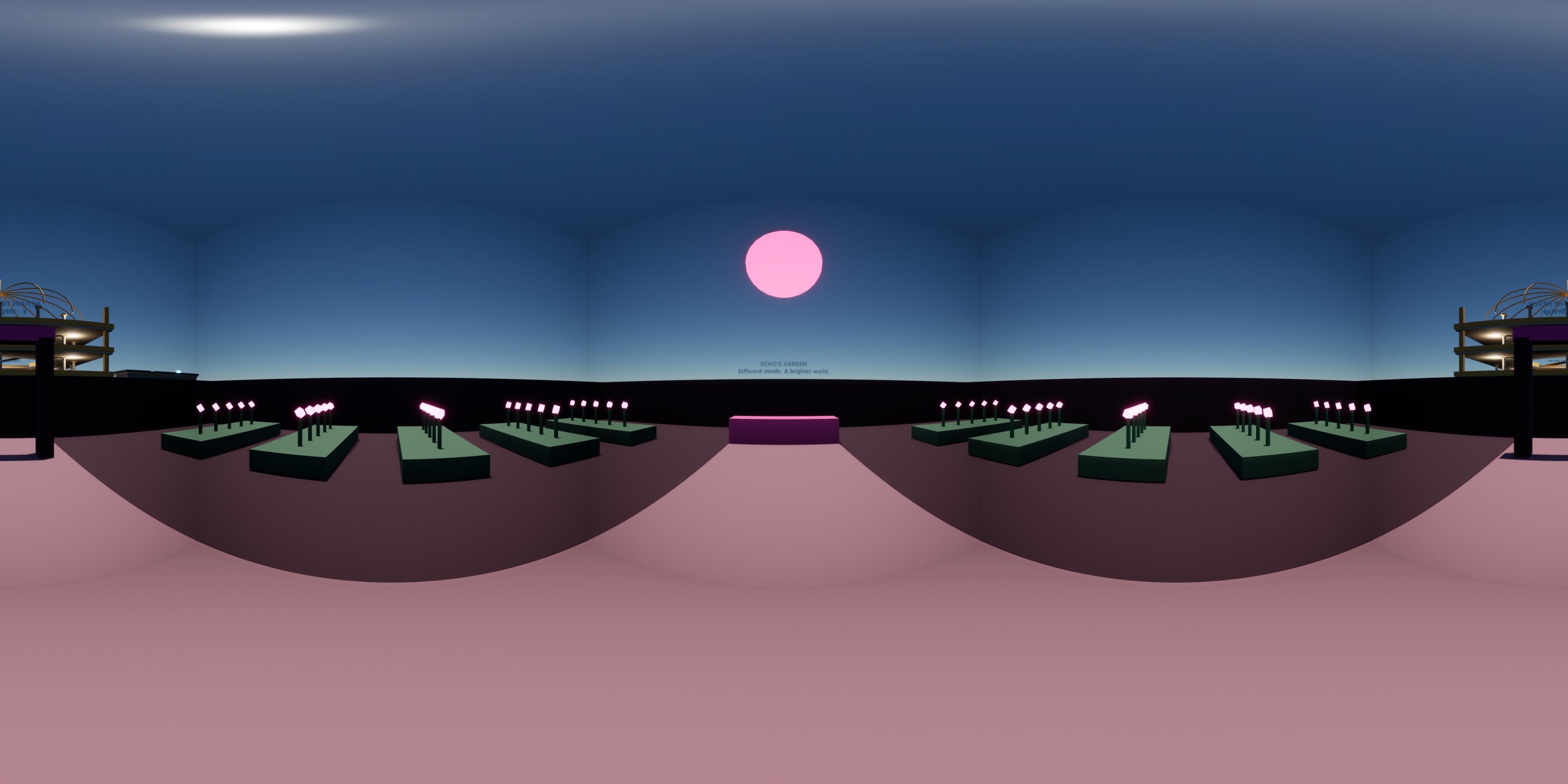 Full 360 degree panorama of the Unreal garden prototype with crystal rose beds and a ruby moon