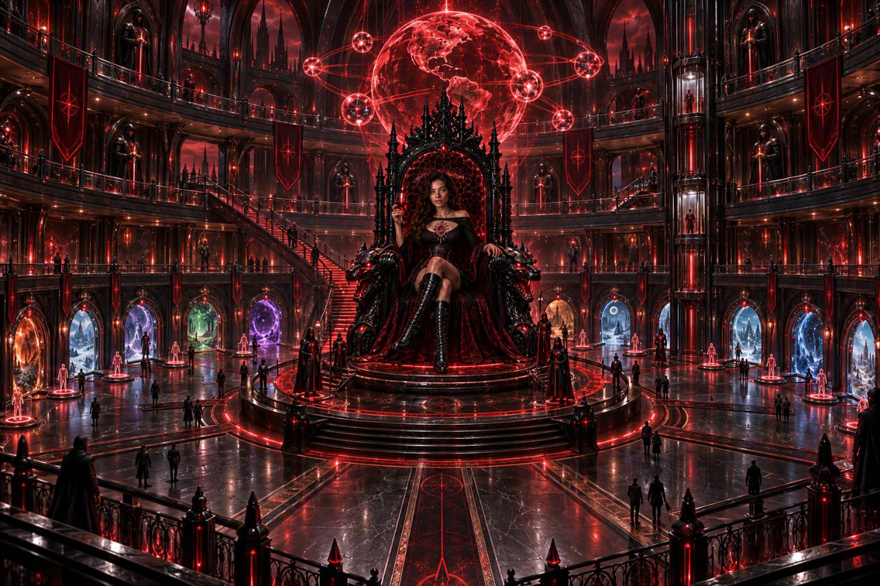 A vast crimson gothic cathedral with tiered balconies, a central throne, a glowing globe, and portals into other worlds.